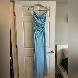 NWOT Lucy in the sky, light blue maxi dress, bridesmaid dress with lace trim